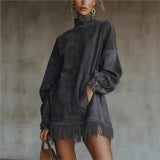 Robe courte velours col montant manches longues franges 2