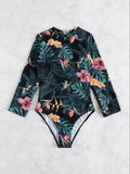 Maillot de Bain 1 Pièce Manches Longues Motif Tropical