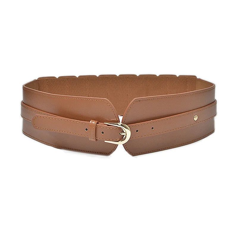 Ceinture corset large en cuir marron avec boucle doree, style elegant et raffine pour silhouette feminine