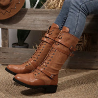 Bottes mi-mollet femme lacées talon chunky cuir marron – Marron