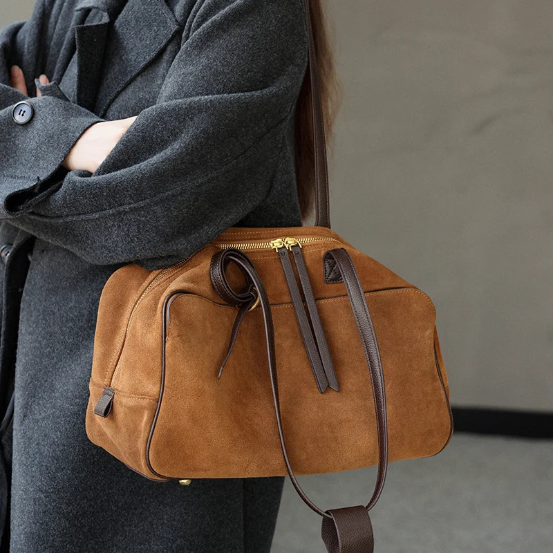 Sac à main femme cuir velours camel grand format