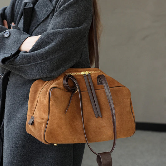 Sac à main femme cuir velours camel grand format