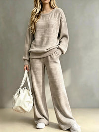 Ensemble deux pièces femme pull tricoté et pantalon large – Kaki