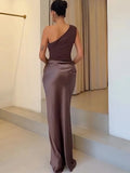 Robe Longue en Satin Une Bretelle