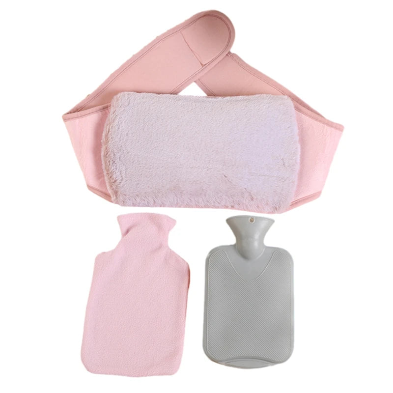 Bouillotte Tour de Taille rose avec ceinture ajustable, bouillotte grise et housse en flanelle douce pour le confort du dos