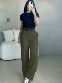 Pantalon femme taille haute jambe droite ceinture – Vert Armée