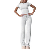 Ensemble femme top manches courtes et pantalon long gris