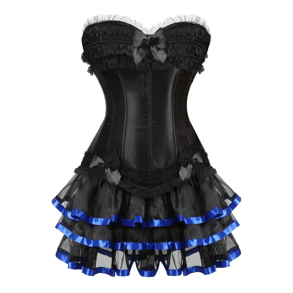 Corset et Jupe noir avec dentelle et rubans bleus, élégant et confortable, parfait pour toutes occasions.