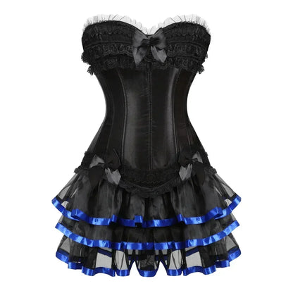 Corset et Jupe noir avec dentelle et rubans bleus, élégant et confortable, parfait pour toutes occasions.