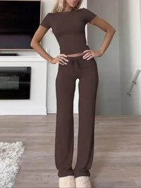 Ensemble femme top manches courtes et pantalon long gris – Marron