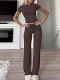 Ensemble femme top manches courtes et pantalon long gris – Marron