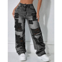 Jean femme taille haute déchiré jambe droite – Gris