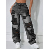 Jean femme taille haute déchiré jambe droite – Gris
