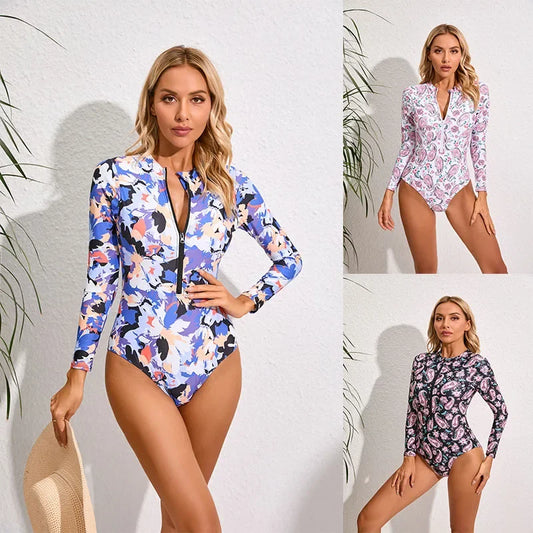 Maillot de Bain 1 Pièce Fermeture Éclair Devant Manches Longues Femme
