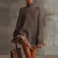 Pull femme col roulé volants dentelle beige