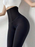 Legging Gainant Ventre Plat Taille Haute à Agrafes Noir
