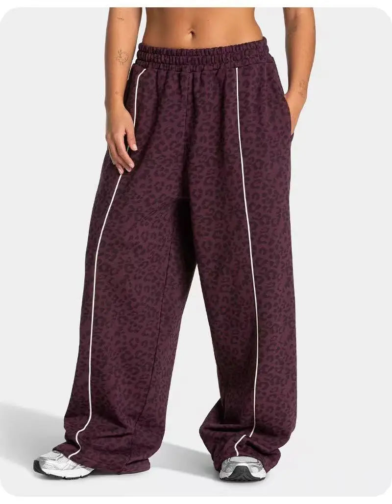 Pantalon large imprimé léopard femme respirant yoga – Rose Poudré