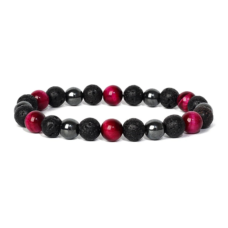 Bracelet magnetique pour maigrir homme avec perles noires en pierre de lave et perles rouges elegantes