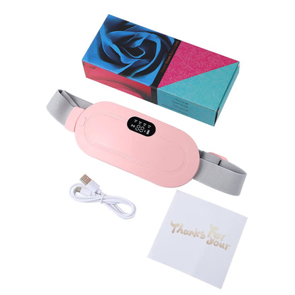 Ceinture chauffante menstruelle rose avec affichage digital, boite d'emballage et cable USB, avec carte de remerciement