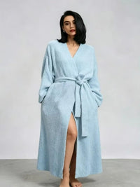 Robe de chambre polaire femme double face longue – Bleu Ciel
