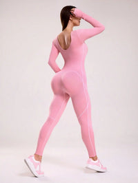 Combinaison Legging Femme Sans Couture Manches Longues Rose