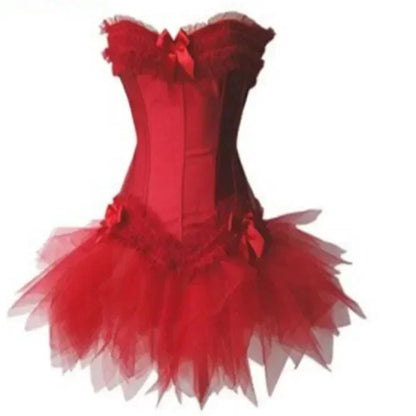 Corset et Jupe rouge élégant en tulle et satin, conçu pour sublimer la silhouette avec confort et style.