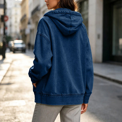 Veste denim bleu femme capuche oversize poches 2