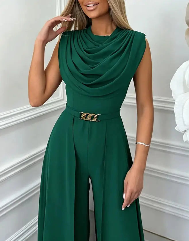 Combinaison femme col châle jambes larges ceinture dorée 5