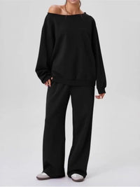 Ensemble femme sweat épaule dénudée et pantalon ample – Noir