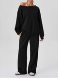 Ensemble femme sweat épaule dénudée et pantalon ample – Noir