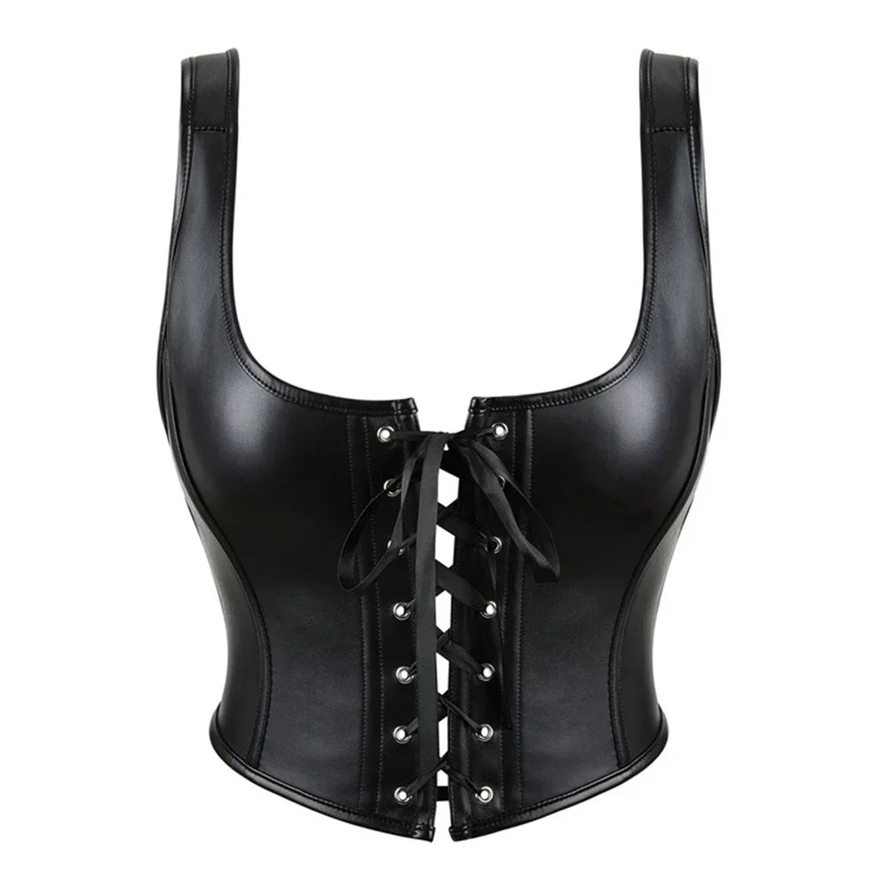 Ceinture corset a bretelles en cuir noir avec laçage frontal, design elegant et ajustable pour sculpter la silhouette