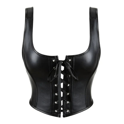 Ceinture corset a bretelles en cuir noir avec laçage frontal, design elegant et ajustable pour sculpter la silhouette