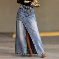 Jupe longue denim taille haute fendue asymétrique femme 2