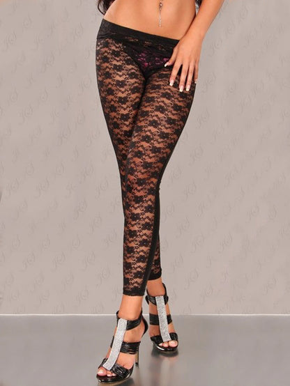 Legging Effet Collant Transparent en dentelle noire florale, élégant et confortable pour un look raffiné et moderne.