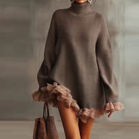 Pull femme col roulé volants dentelle beige 2