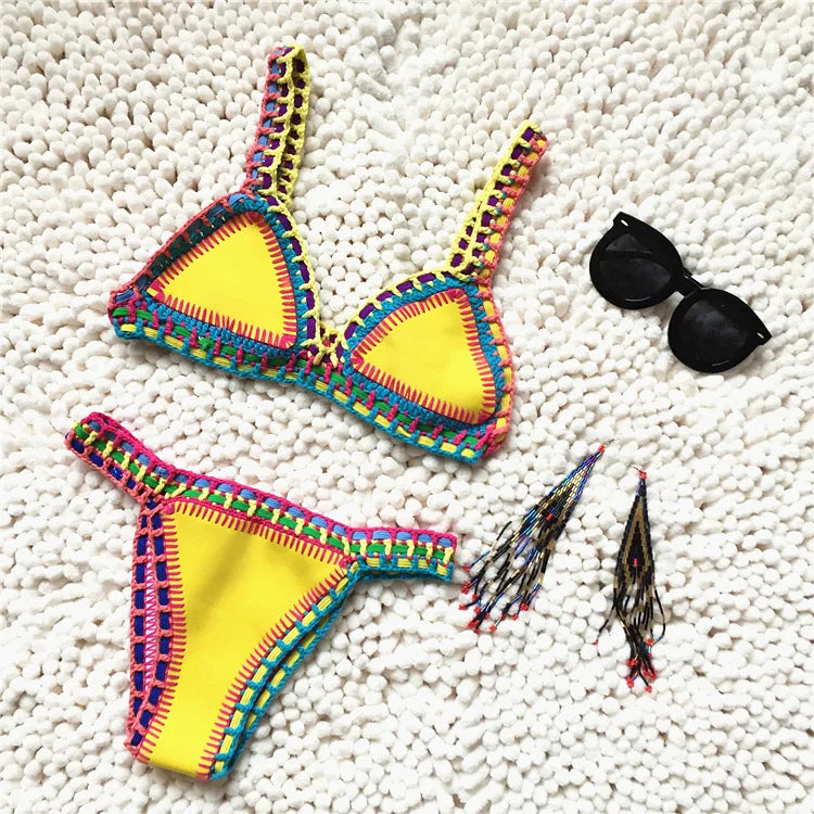 Bikini Triangle Crochet Bordure Colorée Bohème