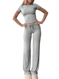 Ensemble femme top manches courtes et pantalon long gris – Gris