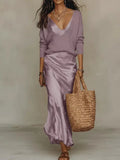 Ensemble femme pull col V et jupe satin fluide – Violet