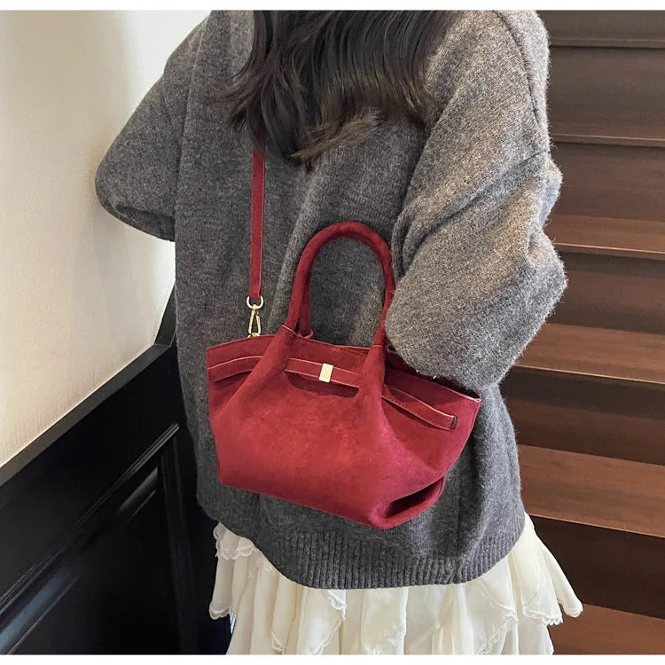 Sac à main velours effet suède rouge foncé grande capacité 2