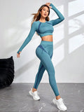 Ensemble Legging Fitness Bleu Manches Longues Effet Gainant