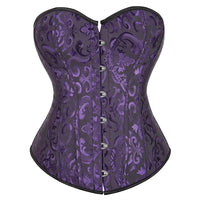 Corset Vert Vintage en tissu violet à motifs floraux, avec fermeture à crochets et silhouette cintrée élégante.