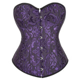 Corset Vert Vintage en tissu violet à motifs floraux, avec fermeture à crochets et silhouette cintrée élégante.