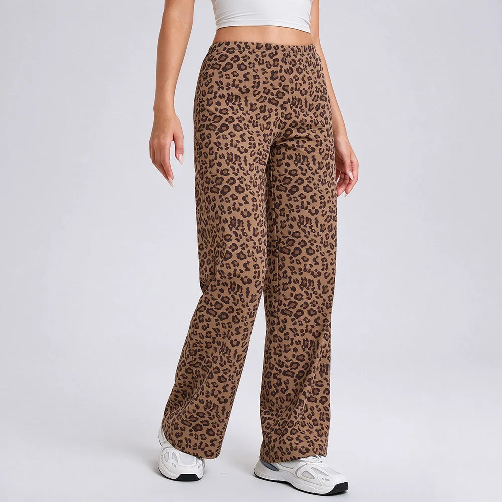 Pantalon imprimé léopard taille haute femme large – Café