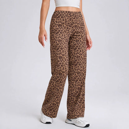 Pantalon imprimé léopard taille haute femme large – Café