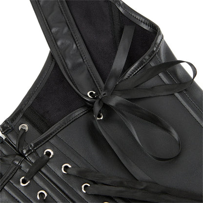 Ceinture corset à bretelles en cuir noir avec lacets et oeillets metalliques, vue détaillée de la structure ajustable