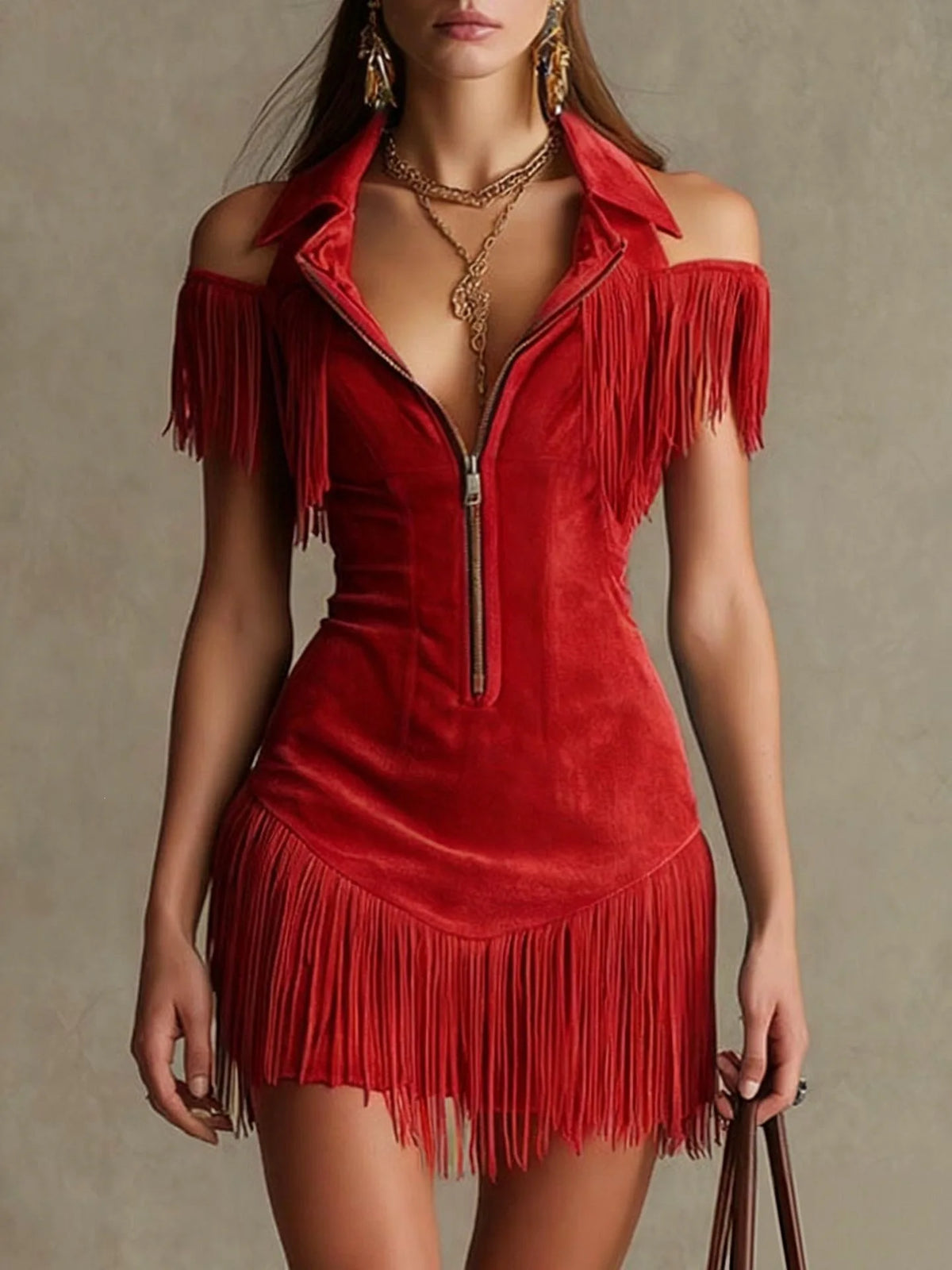 Robe mi-courte en suédine bleu pétrole à franges et épaules dénudées – Rouge