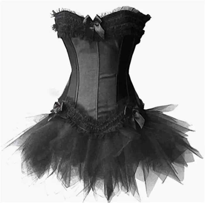 Corset et Jupe noir élégant en dentelle et tulle, mettant en valeur la silhouette avec confort et style.