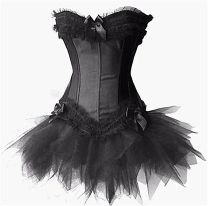 Corset et Jupe noir élégant avec dentelle et tulle, mettant en valeur la silhouette avec confort et style.