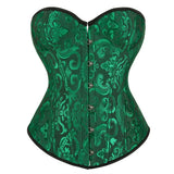 Corset Vert Vintage vert avec motifs floraux élégants, attache avant et laçage ajustable pour un style intemporel.