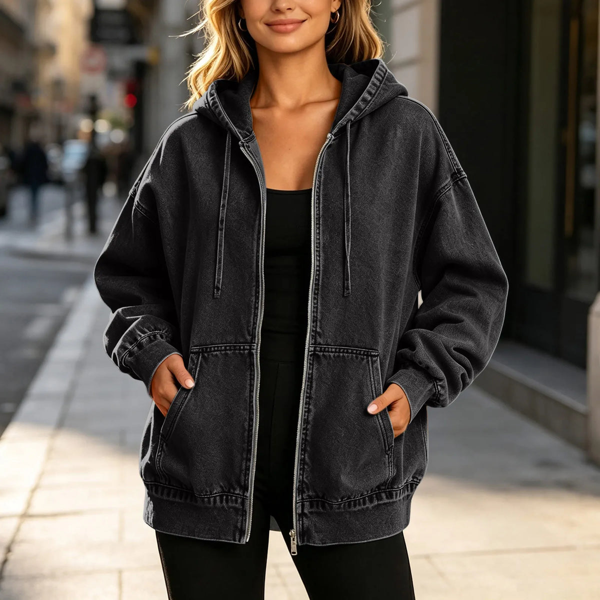 Veste denim bleu femme capuche oversize poches 3